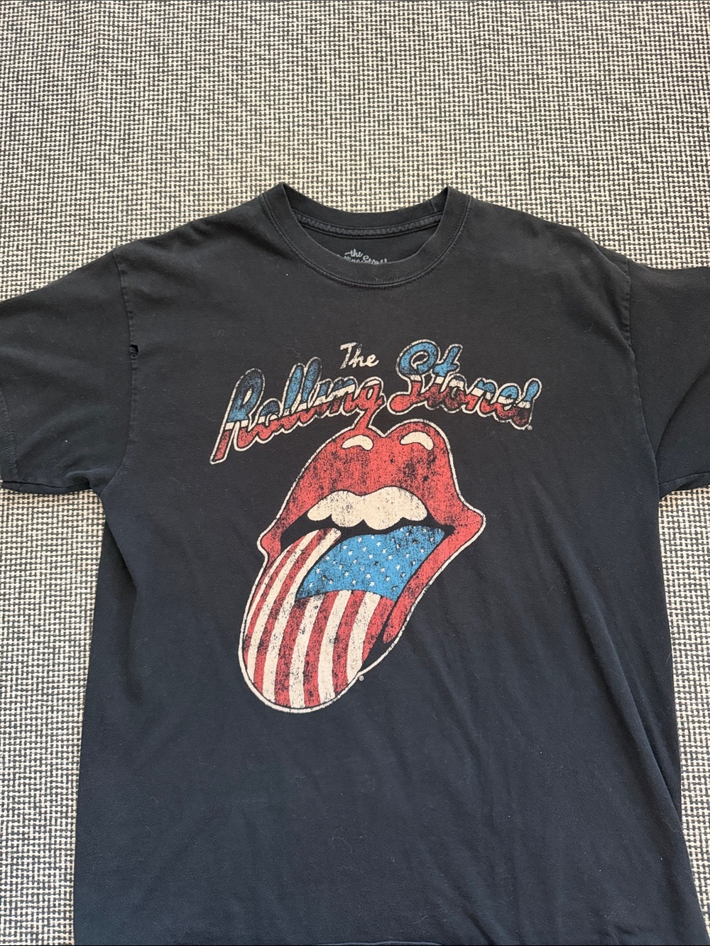 The Rolling Stones Black Tee with Red, White & Blue Tongue Graphic